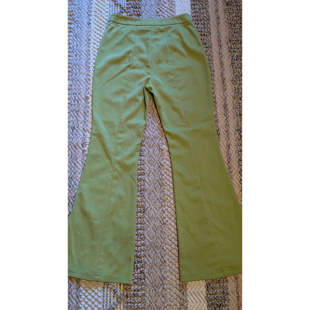 Lime Green High Waisted Flare Leg Pants Side Slit Size 6 retro 70's mod boho - Picture 4 of 12